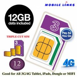 3 Mobile 4G Trio PAYG SIM Pack Preloaded with 12GB Data for Mobile ...