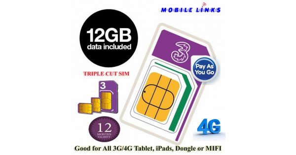 3 Mobile 4G Trio PAYG SIM Pack Preloaded with 12GB Data for Mobile ...