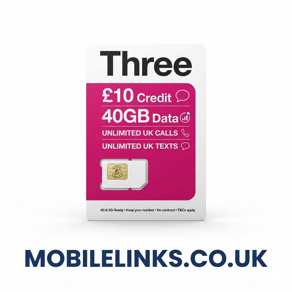 Three PAYG SIM £10 – 40GB Data + Unlimited Calls & Texts UK